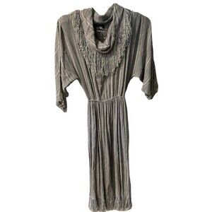 Sybil Midi Dress Womens Sz S FRINGE Dolman Sleeve Folk modest Vintage Boho y2k